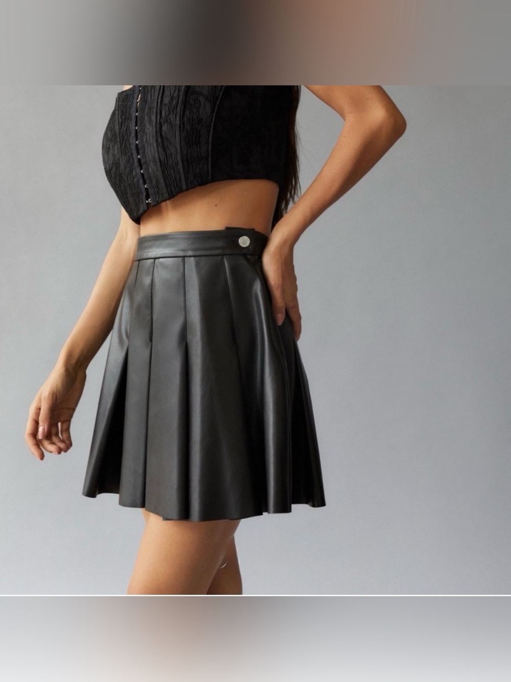 We Wore What Faux Vegan Leather Mini Skirt Solid Black Pleated Whimsigoth Chic